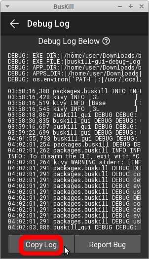 screenshot shows the app running on the "Debug Log" screen with the button titled "Copy Log" highlighted