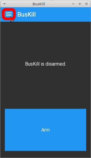 screenshot shows the app running with the hamburger menu in the top-left highlighted