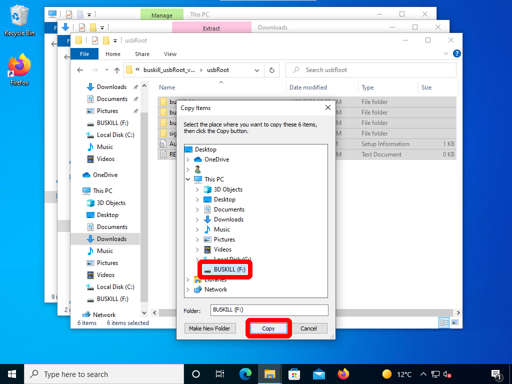 screenshot shows the "Copy Items" popup window and "BUSKILL" selected as the destination, with the "Copy" button selected