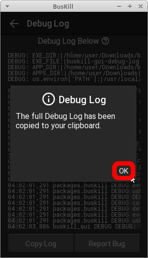 screenshot shows the app running on the "Debug Log" screen with a pop-up modal that says "The full Debug Log has been copied to your clipboard."