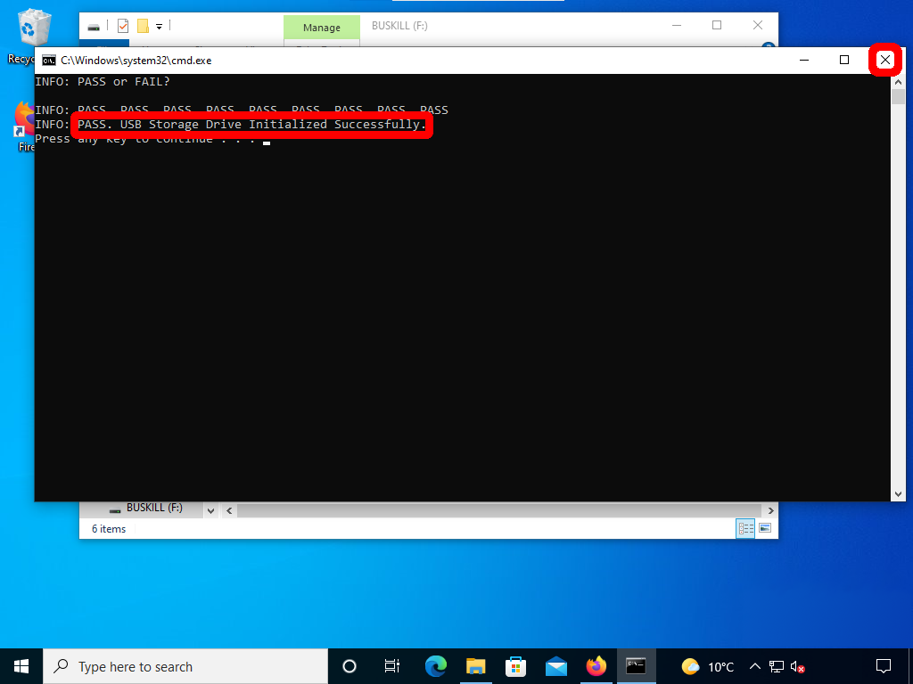 screenshot shows how to close the command prompt window, with the "X" on the top-right highlighted
