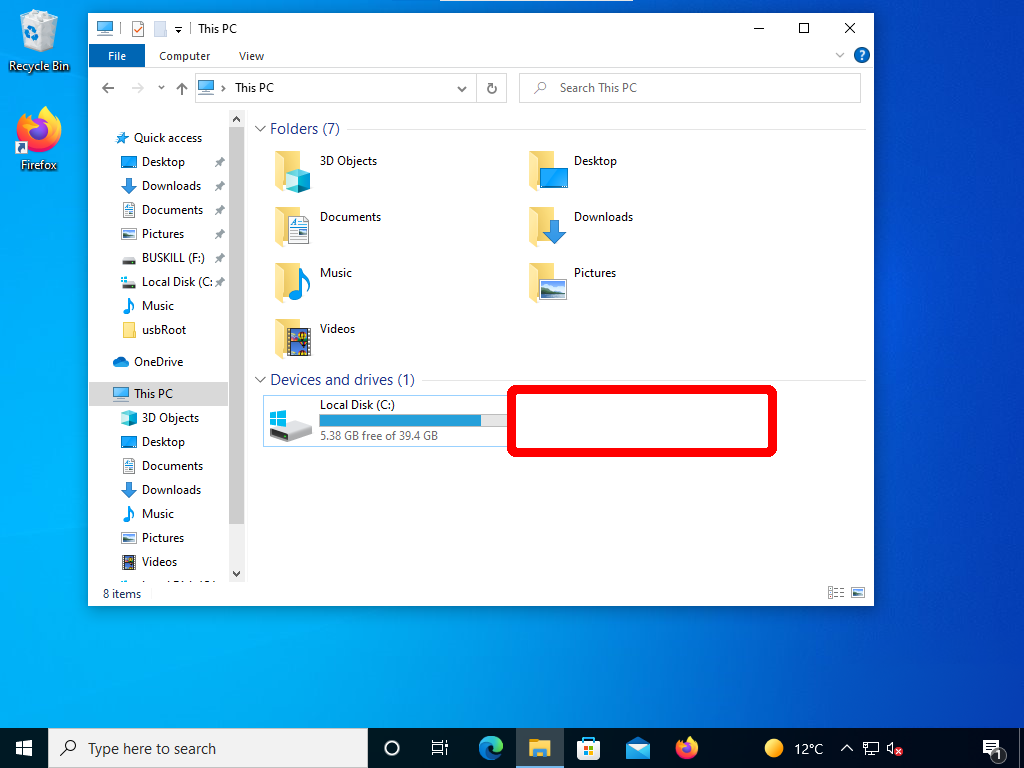 screenshot shows that the USB Drive named "BusKill" is no longer visible in the File Explorer window