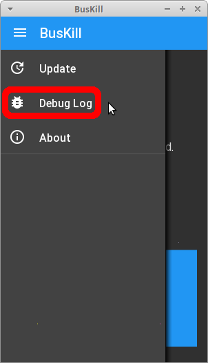 screenshot shows the app running with the navigration drawer open, and the "Debug Log" option selected