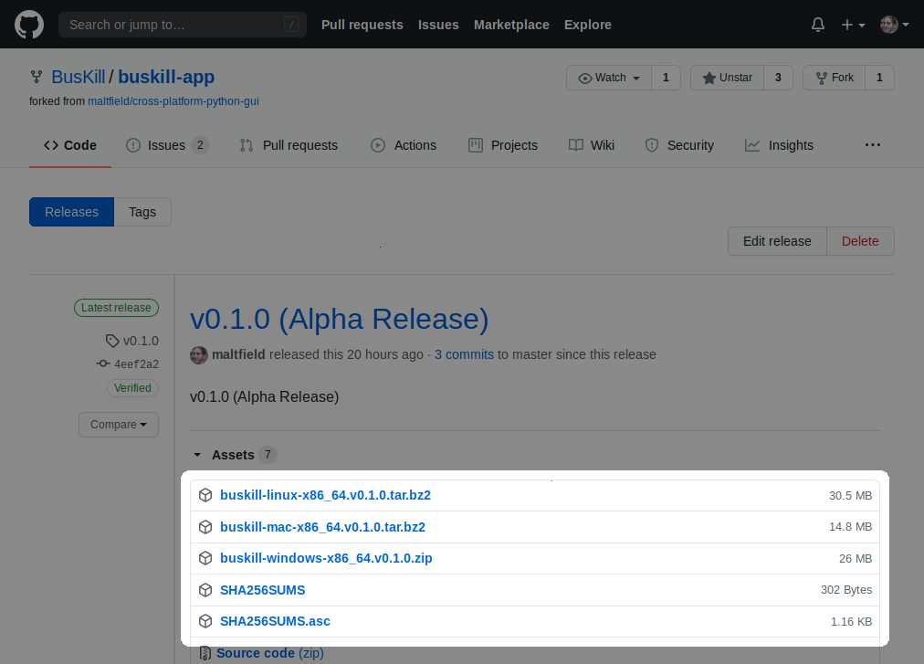 screenshot of the buskill-app repo release page