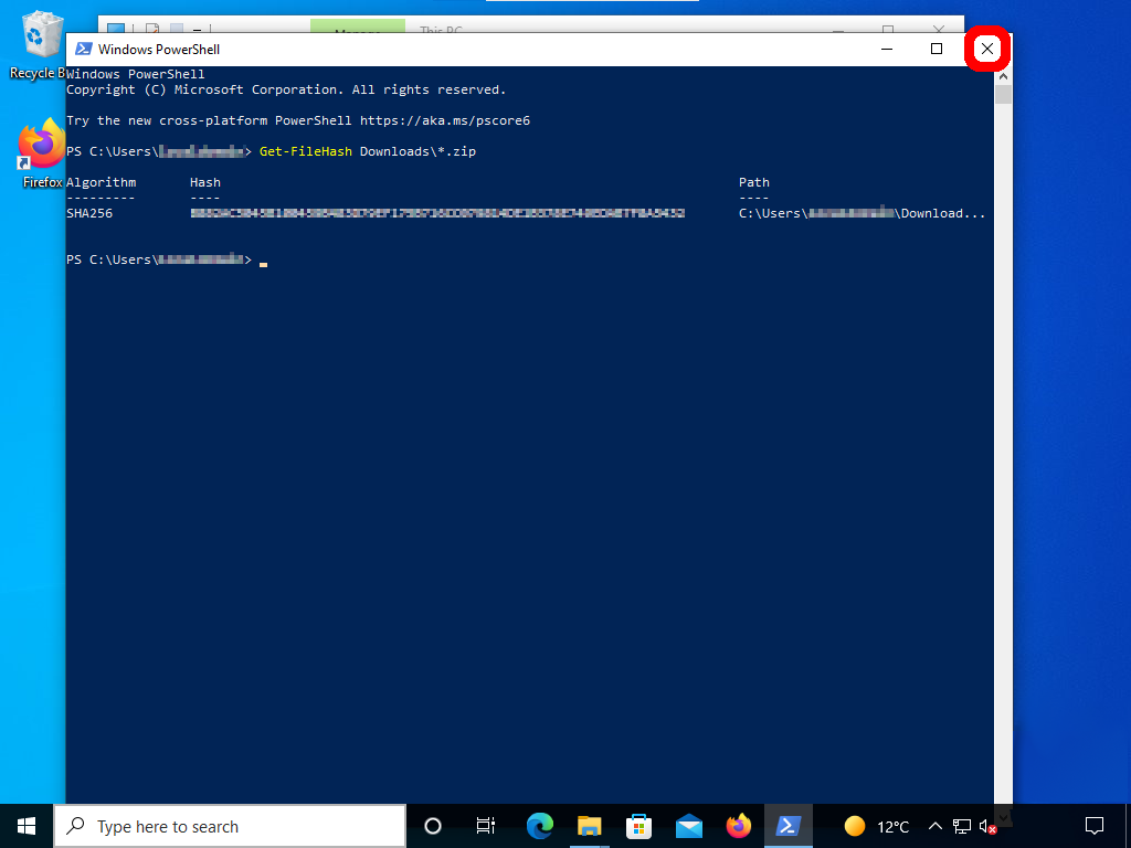 screenshot shows how to close the PowerShell window (click the "X")