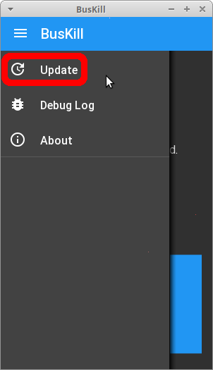 screenshot shows the app running with the navigration drawer open, and the "Update" option selected