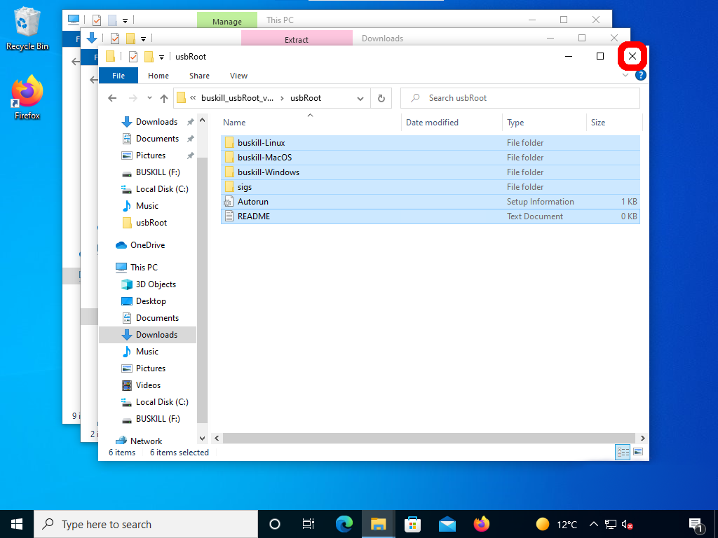 screenshot shows three File Explorer windows with the "X" highlighted on the top-most window