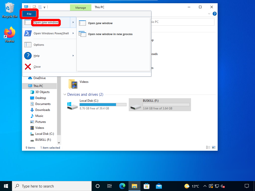 screenshot shows how to open a new File Explorer Window (File -> New Window)