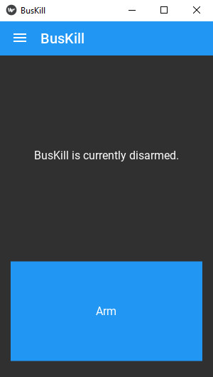 screenshot of the buskill-app in the disarmed state