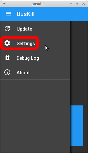 screenshot shows the app running with the navigration drawer open, and the "Settings" option selected