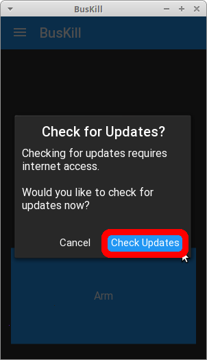 screenshot showing the app running with a modal titled "Check for Updates?" and the "Check Updates" button is highlighted